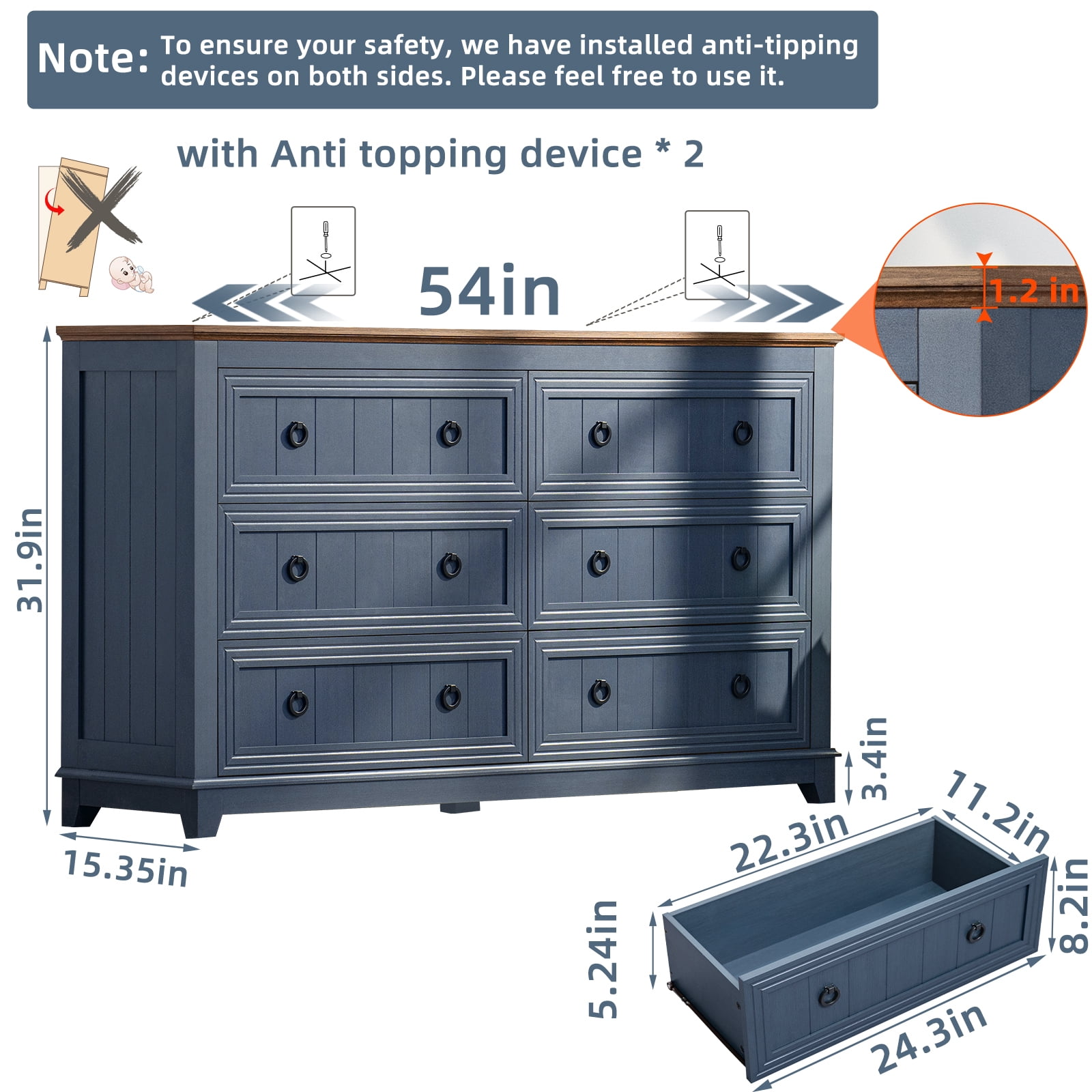 6 Drawer Dresser, Mid Century Modern Dresser with Storage, 54" Wide Chest of Drawers with Wood Grain Texture for Bedroom, Living Room, Hallway, Blue