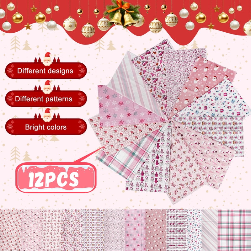 12pcs Christmas Pink Cotton Fabric Bundles 18x22 Inch Xmas Tree Santa Snowman Sewing Fabrics