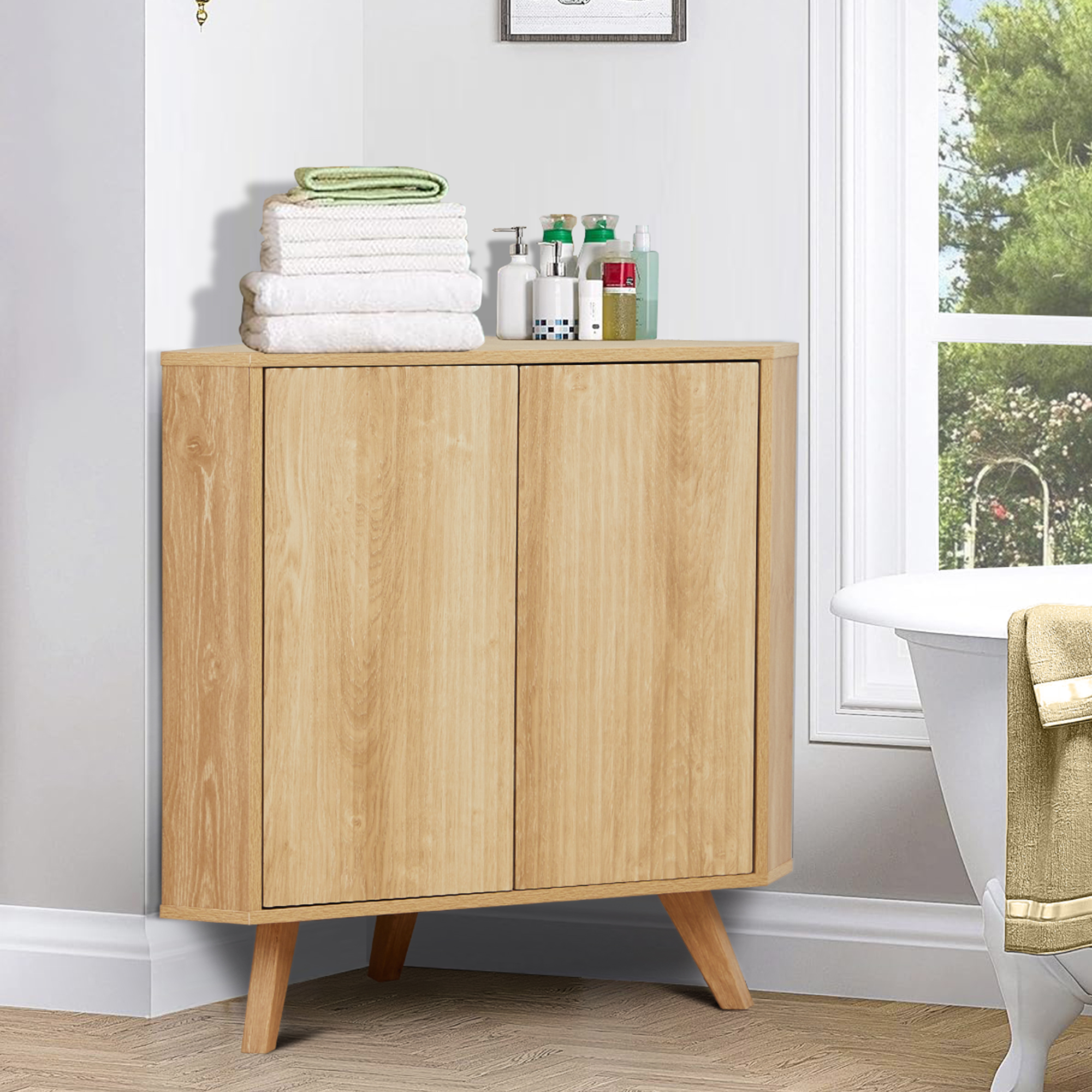 Weselon Wooden Triangular Bathroom Floor Corner Cabinet with Double Door, Freestanding Wooden Storage Cabinet Floor Organizer for Bathroom（Natural）