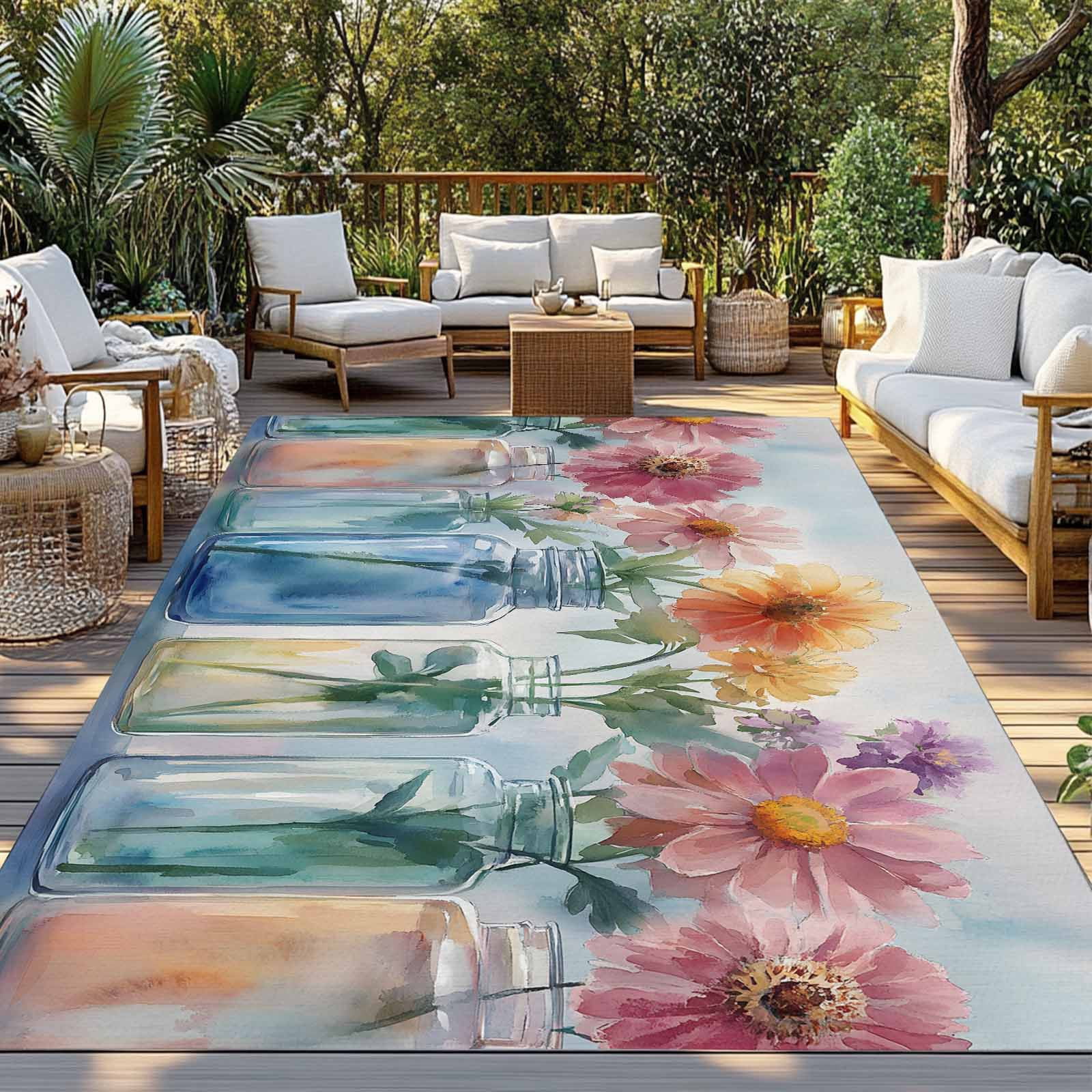 Fsddascl Colorful Flowers Outdoor Rug for Patio/Deck/Porch, Non-Slip Large Area Rug 4 x 6 Ft, Farmhouse Watercolor Spring Floral Indoor Outdoor Rugs Washable Area Rugs, Reversible Camping Rug Carpet