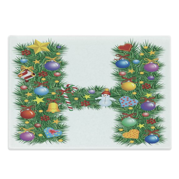 Letter H Cutting Board, Uppercase Letter H Pine Tree Pattern with Christmas Celebration Theme Stars Image, Decorative Tempered Glass Cutting and Serving Board, Large Size, Multicolor, by Ambesonne