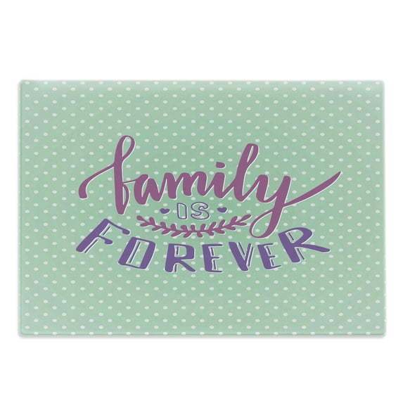 Family Cutting Board, Classical Polka Dots Background Creative Lettering Words About Family, Decorative Tempered Glass Cutting and Serving Board, Large Size, Purple Violet Mint Green, by Ambesonne