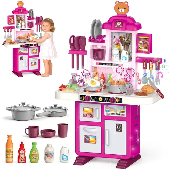 LINXUXIE Kids Kitchen Playset,Toddler Kitchen Playset with Sound & Light,Cooking Stove,Pink Play Sink,Play Food Toy and Kitchen Accessories,Play Kitchen for Toddlers ,Perfect Gifts for Girls Boys