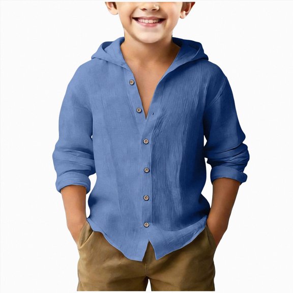 Splozh Boys Long Sleeve 4-15 Years Boys Long Sleeve School Shirts Button Down Teens Boys Beach Breathable Summer T Shirt, Blue, 8-9 Years