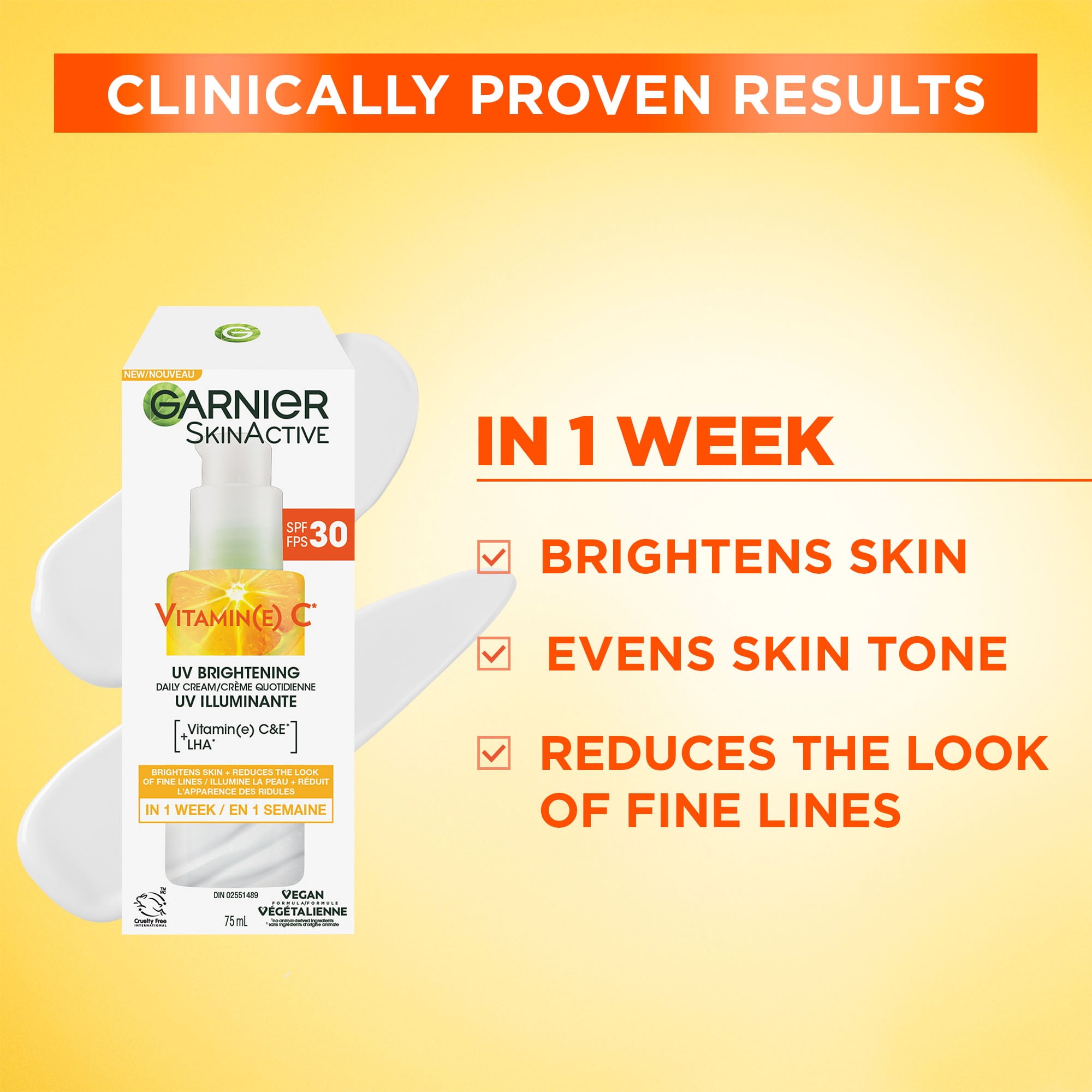 Garnier crème quotidienne UV illuminante FPS 30, 75ml enrichie en Vitamines C, E et LHA