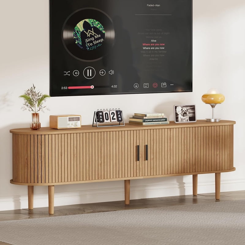 Mid Century Modern TV Stand for Living Room, 70.1" Media TV Console/Bedroom Entertainment Center with Sliding Doors, Fluted Under TV Cabinet for 55/65/75/80 Inch Tvs