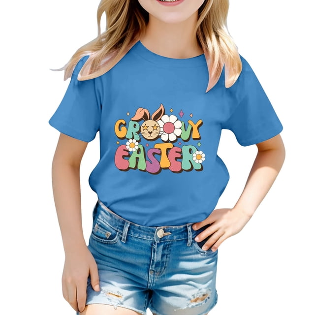 PMVFHDE Hauts Mignons pour Filles, T-shirt Graphique pour Filles, T-Shirts d'Été pour Filles, T-Shirts Originaux pour Filles, T-Shirts Graphiques Mignons de Pâques pour Enfants, Col Rond, Manches Courtes, T-shirt Décontracté d'Été Bleu, 1-2 Ans