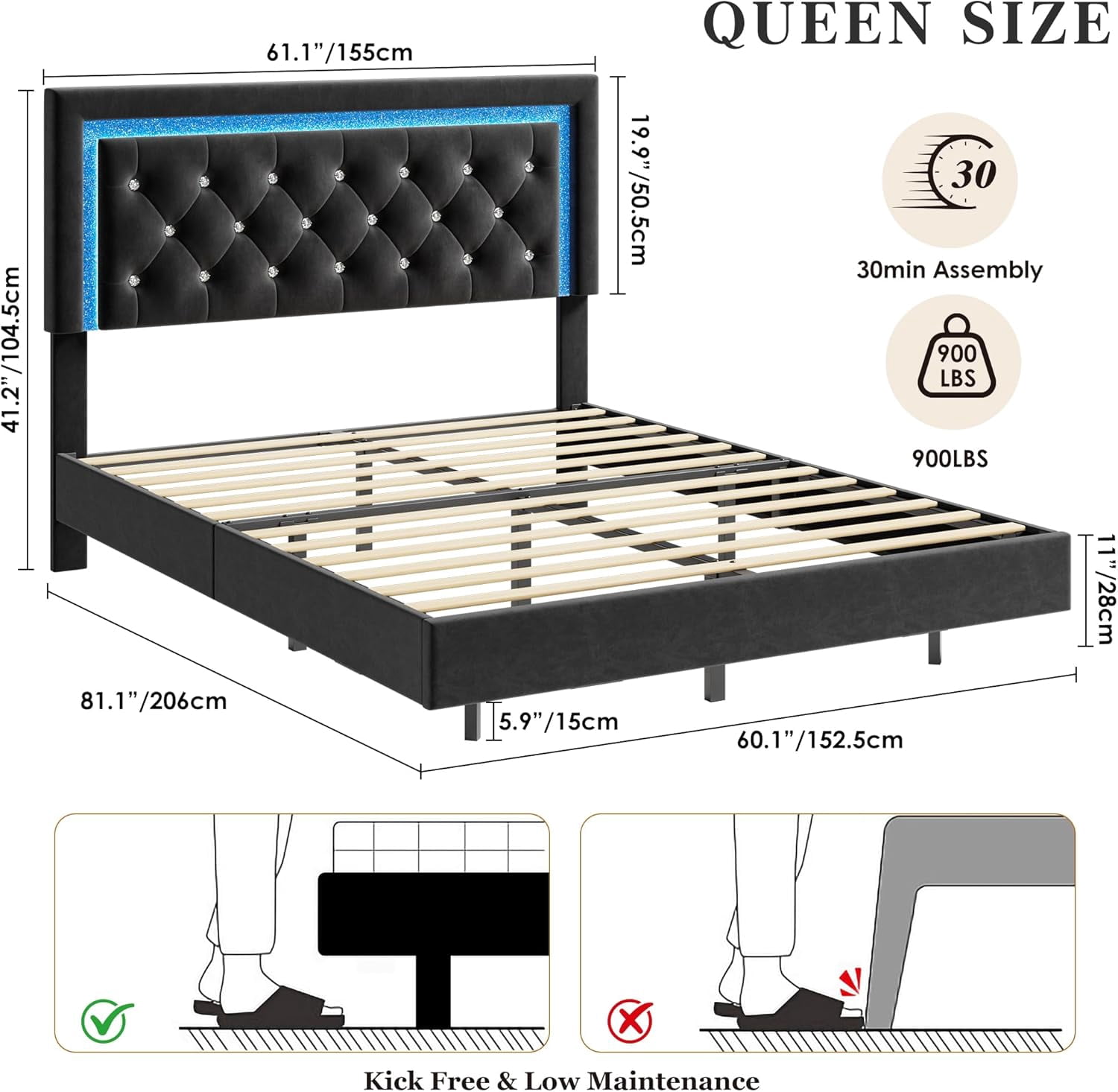 Floating Bed Frame Queen Size with Smart Led Lights, Upholstered Platform Bed with Diamond Headboard, Solid Wood Slats Support, No Box Spring Needed, Noise-Free, Easy Assembly, Black