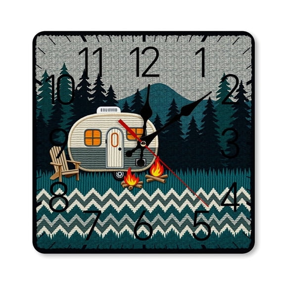 RKSupls 1010inch Square Silent Wall Clock Wooden Frame, Camper Forest Camping Scale Decorative Clock for Home Bedroom Living Room Office