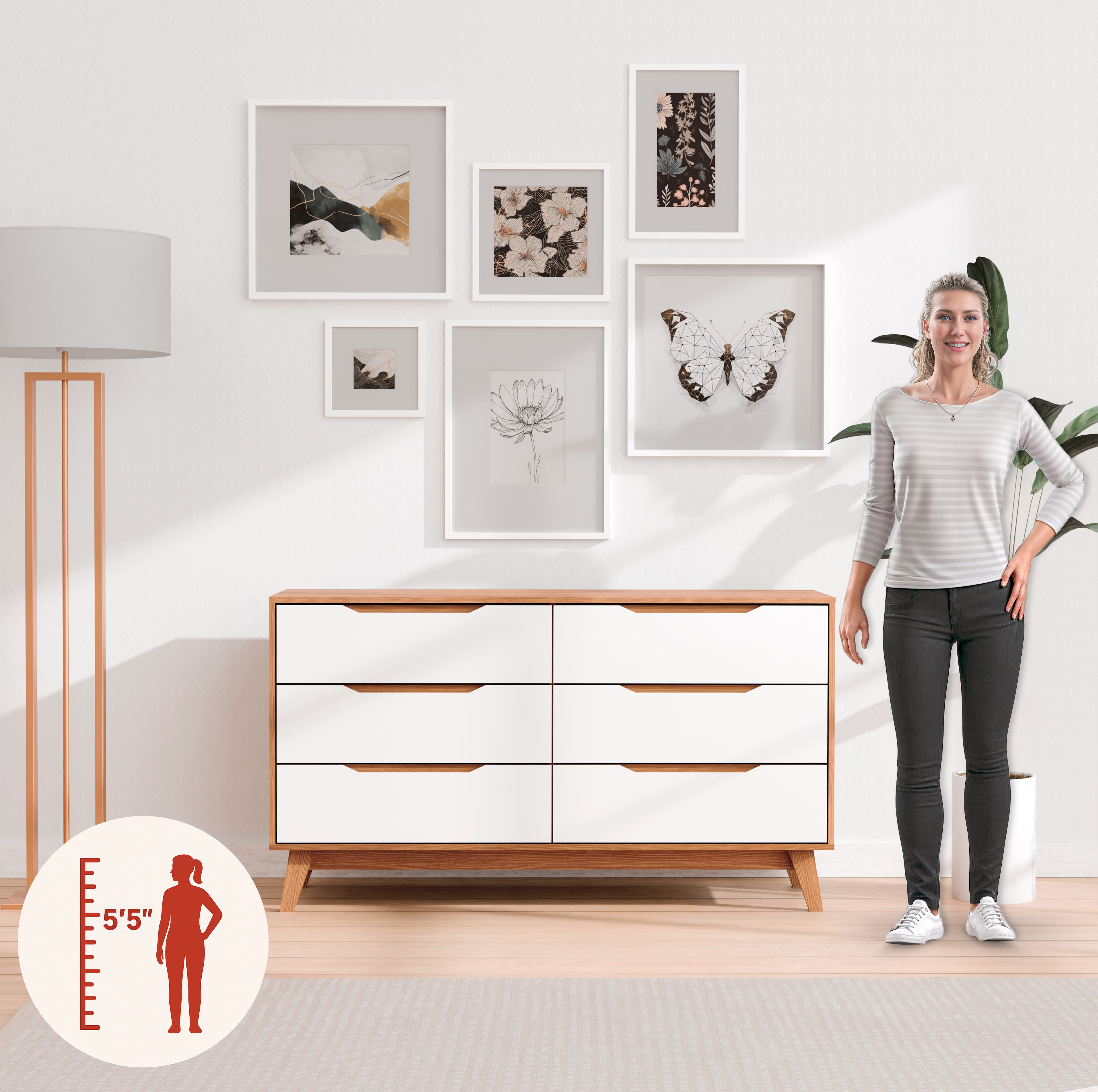 Kappesberg Rio 6-Drawer Dresser with Built-in Handles and Telescopic Slides - Golden Oak/White - for Adults and Teens