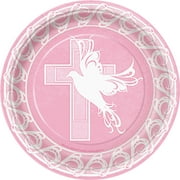 9" Pink Dove Cross Religious Party Plates, 8ct