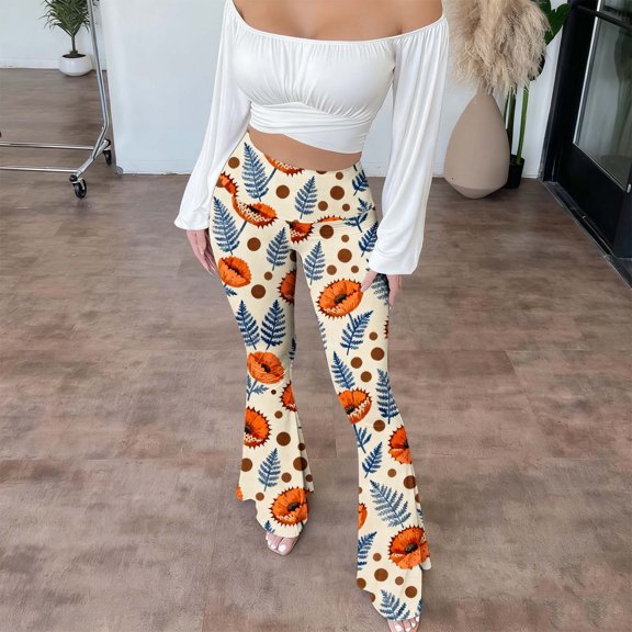 AGWOLF Workout Leggings for Women High Waist Tummy Control Yoga Pants Flower Print Flare Legging Stretch Athletic Pant Beige L