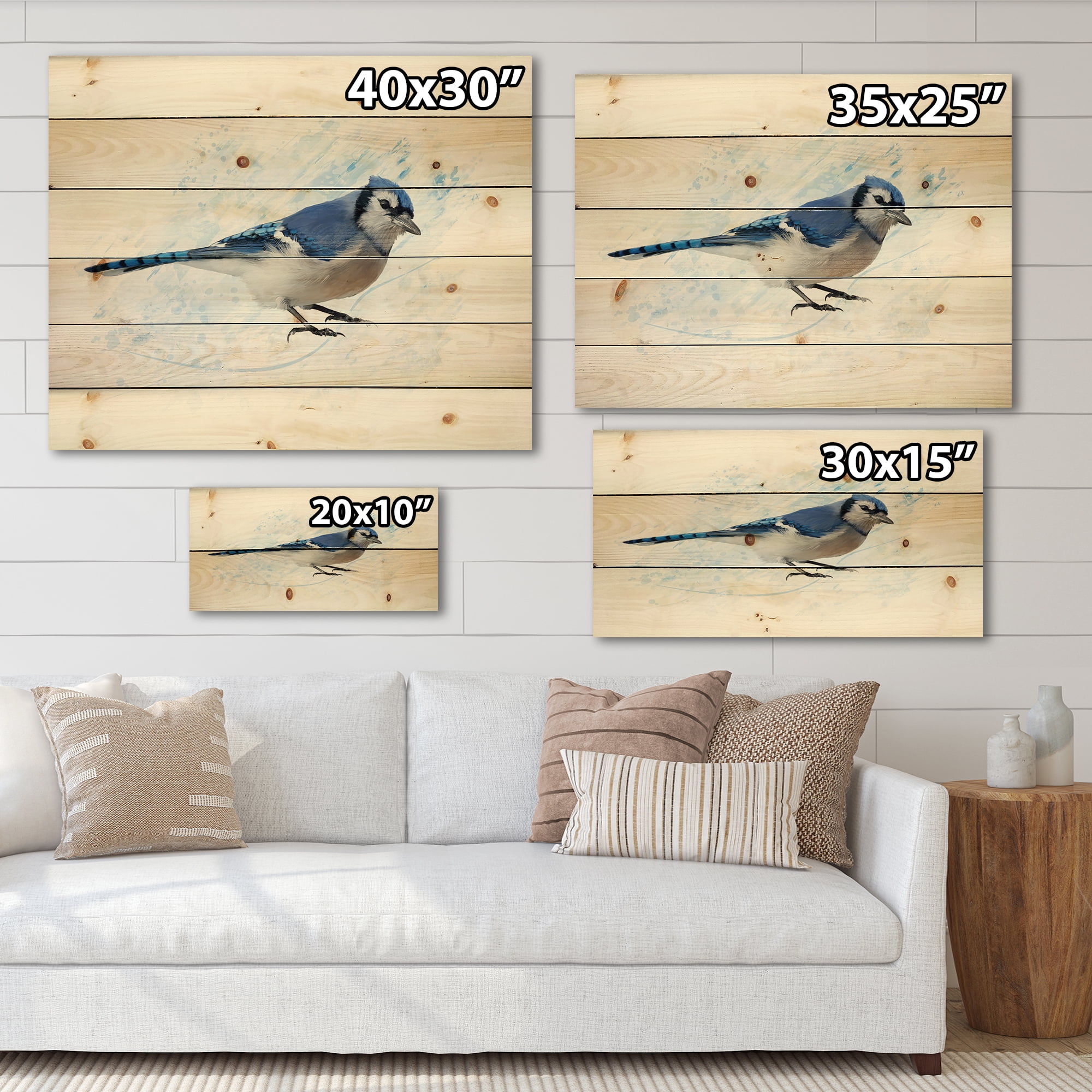 Designart 'Ancient Blue Jay Bird' Traditional Print on Natural Pine Wood
