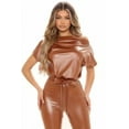 thumbnail image 3 of Belted Sexy PU Faux Leather Jumpsuit (S, Brown), 3 of 9