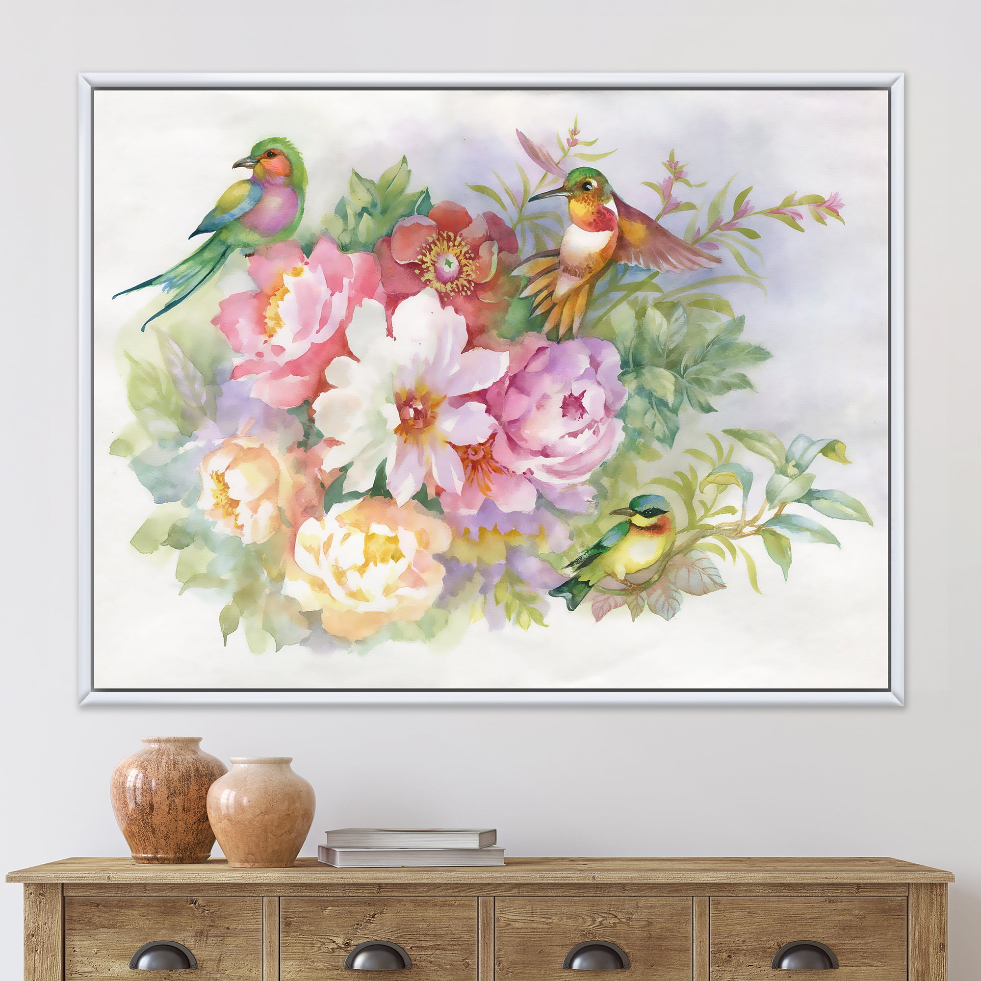 Designart 'Colourful Birds and Vibrant VIntage Flowers' Traditional Framed Canvas Wall Art Print