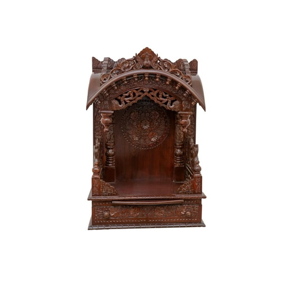 Wooden Engraved Home Pooja Mandir by Pooja Bazar - Torana Temple, Wooden Mandir with Rosewood Finish 12 X 21 X 31 Inches
