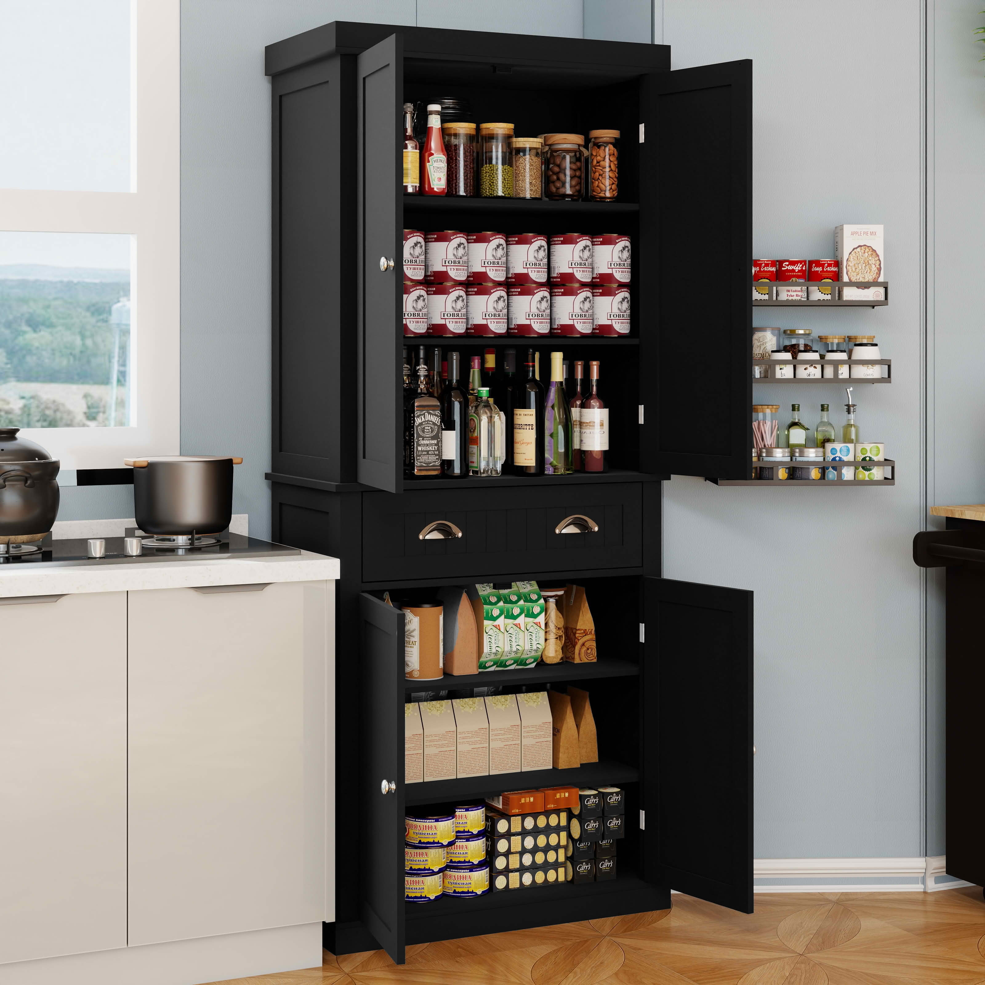 MAYEERTY 71-Inch Kitchen Pantry Storage Cabinet, Freestanding Cupboard with 4 Doors 1 Drawer 2 Adjustable Shelves Black