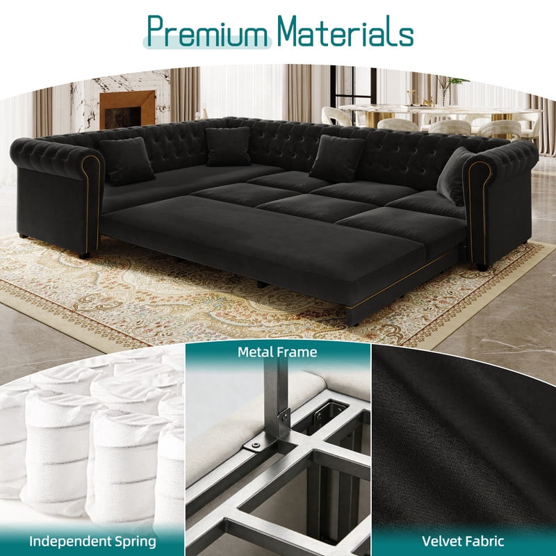 115.3" L-Shaped Sleeper Sofa with Pull-Out Bed, Velvet Sectional Couch with Gold Trim Rolled Arms, Chesterfield Tufted Convertible Sofa Bed with Deep Seats and Throw Pillows for Living Room