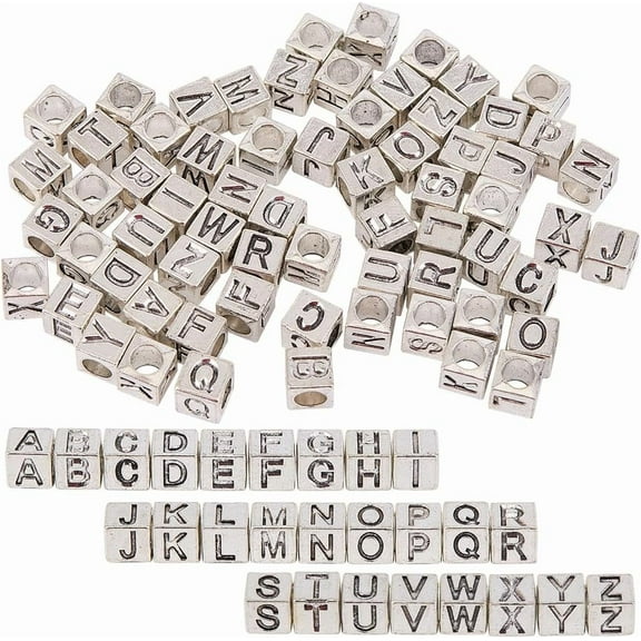 1 Box 104Pcs 26 Styles Silver Letter Beads Square Alphabet Bead Kit Metal Alloy Cube A to B Charm Large Hole Loose Spacer Beads for Jewelry Making Necklaces Bracelets DIY Crafts