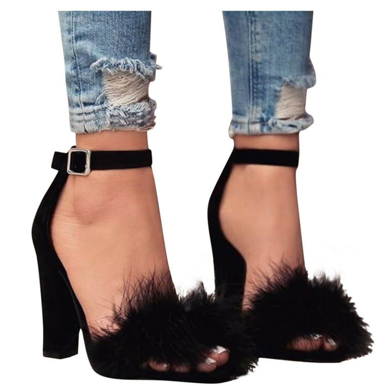 Sandals Women Pumps Chuncy Fashion Buckle Strap Fluff Thick Heel High Heels  Shoes Black 40 