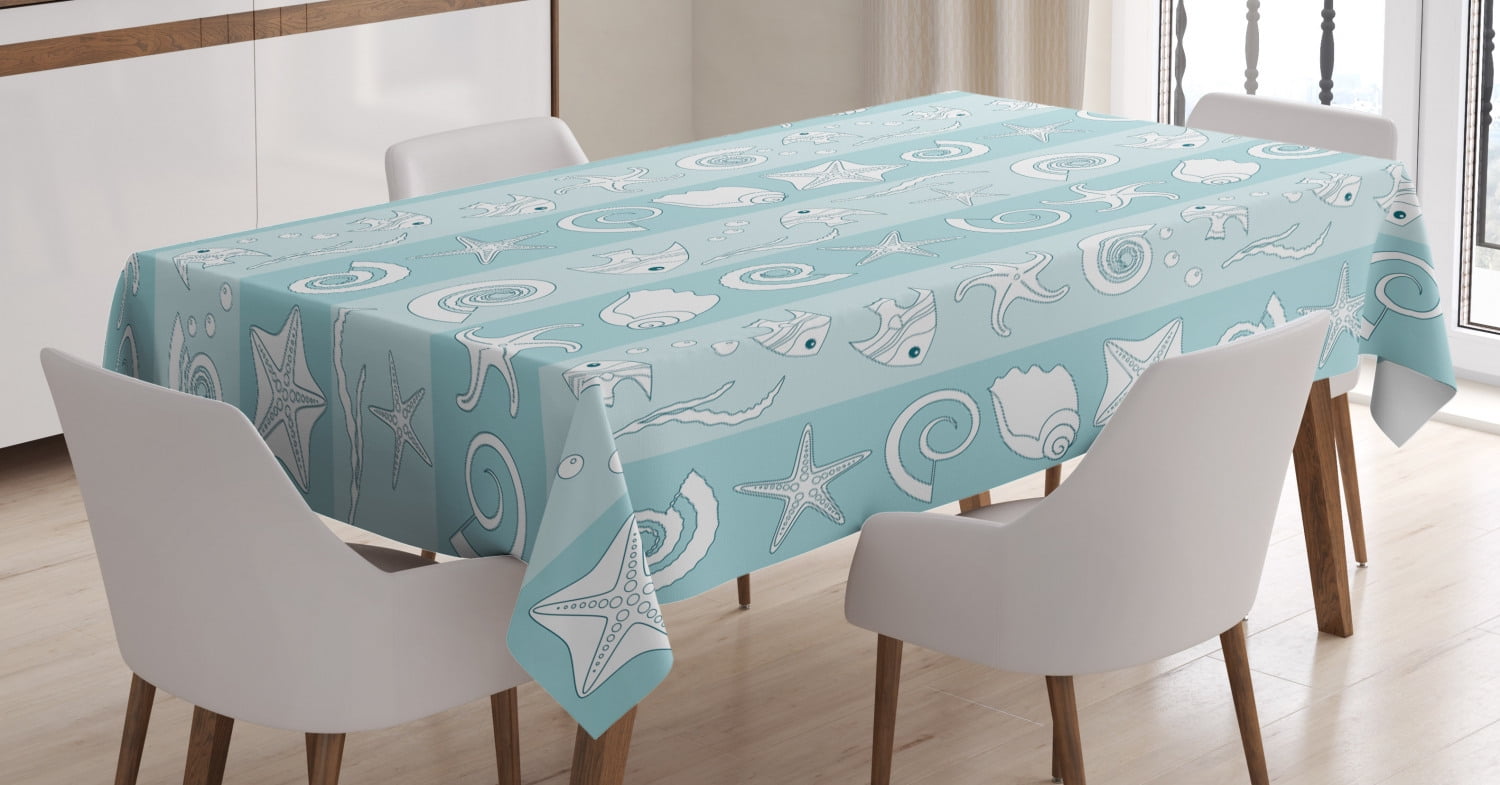 Nautical Tablecloth, Marine Theme Sea Animals Fishes Shells on Striped