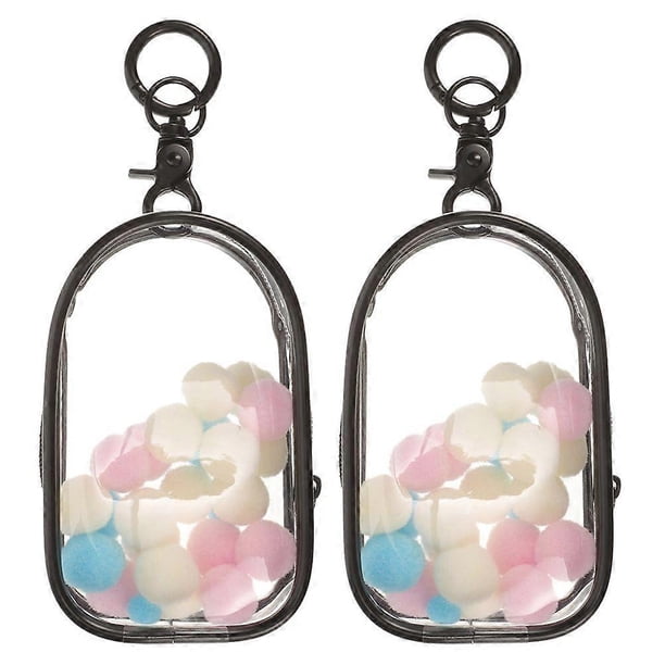 2pcs Clear Figure Display Bag With Keychain And Pom Poms Set Portable Collectibles Display Case For Mini Figures Dolls Waterproof Small Doll Organizer