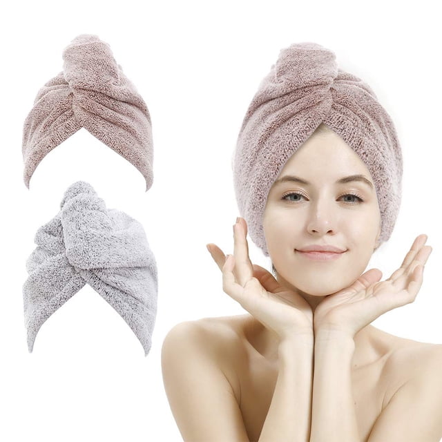 M-bestl Paquete de 2 toallas para el cabello, toalla de secado rápido de fibra de carbono con botones, toalla de microfibra para secar el cabello rizado, antiencrespamiento (gris estrella y rosa estre