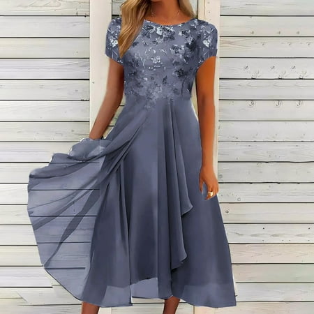 YDDIAN Mother of The Bride Dresses for Women Flowy Lace Chiffon Dress Elegant Formal Evening Party Gown for Wedding Gray M