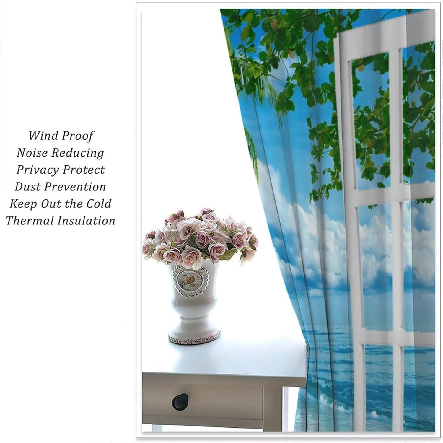 Beach Palm Tree Curtains, Summer Tropical Island Blue Clouds Ocean Nature Landscape Scenic Blackout Window Treatments for Kitchen Bedroom Living Room, 84" W X 84" L