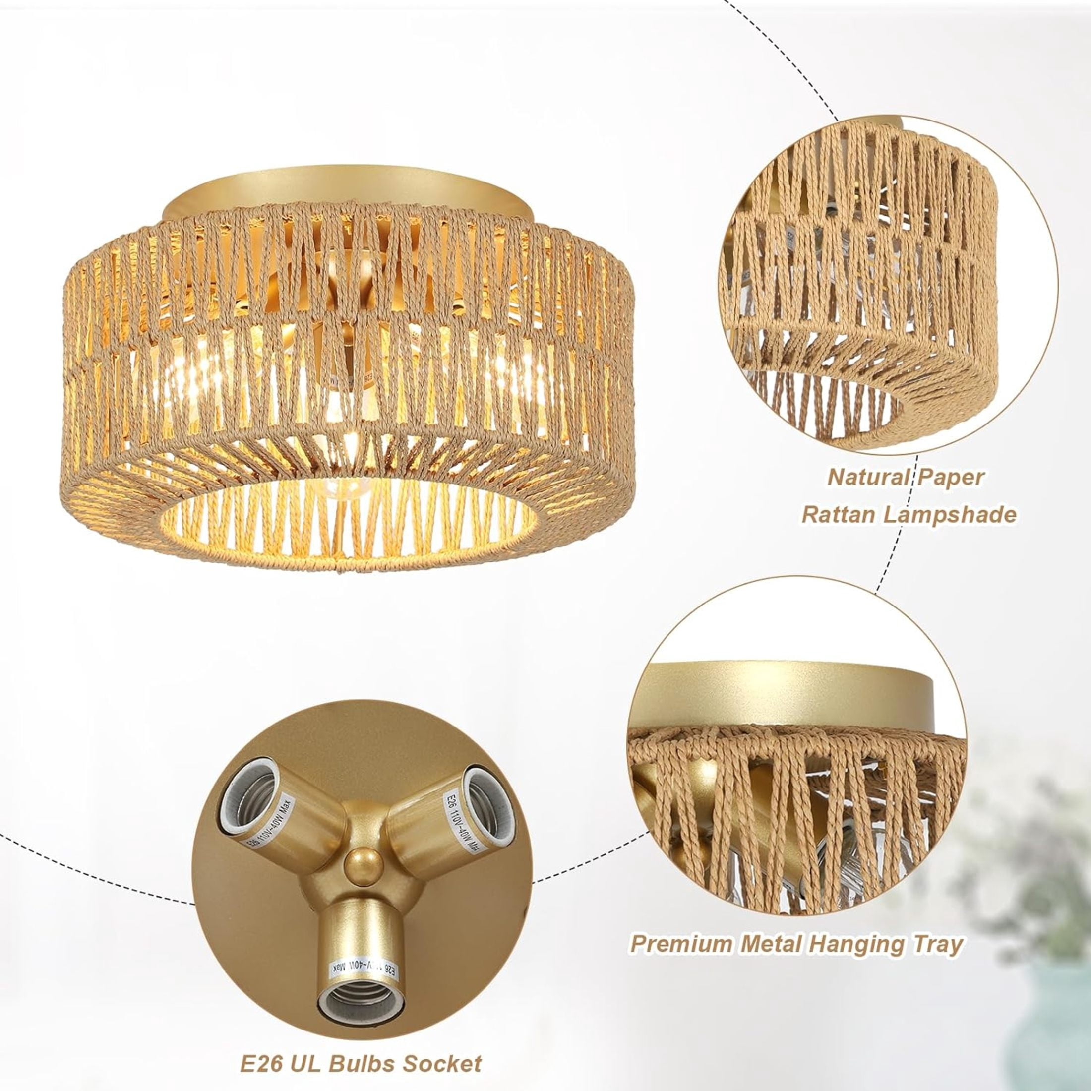 Noble House 12" Boho Rattan Flush Mount Ceiling Light, 3-Light Woven Fixture for Bedroom & Kitchen, Natural and Gold