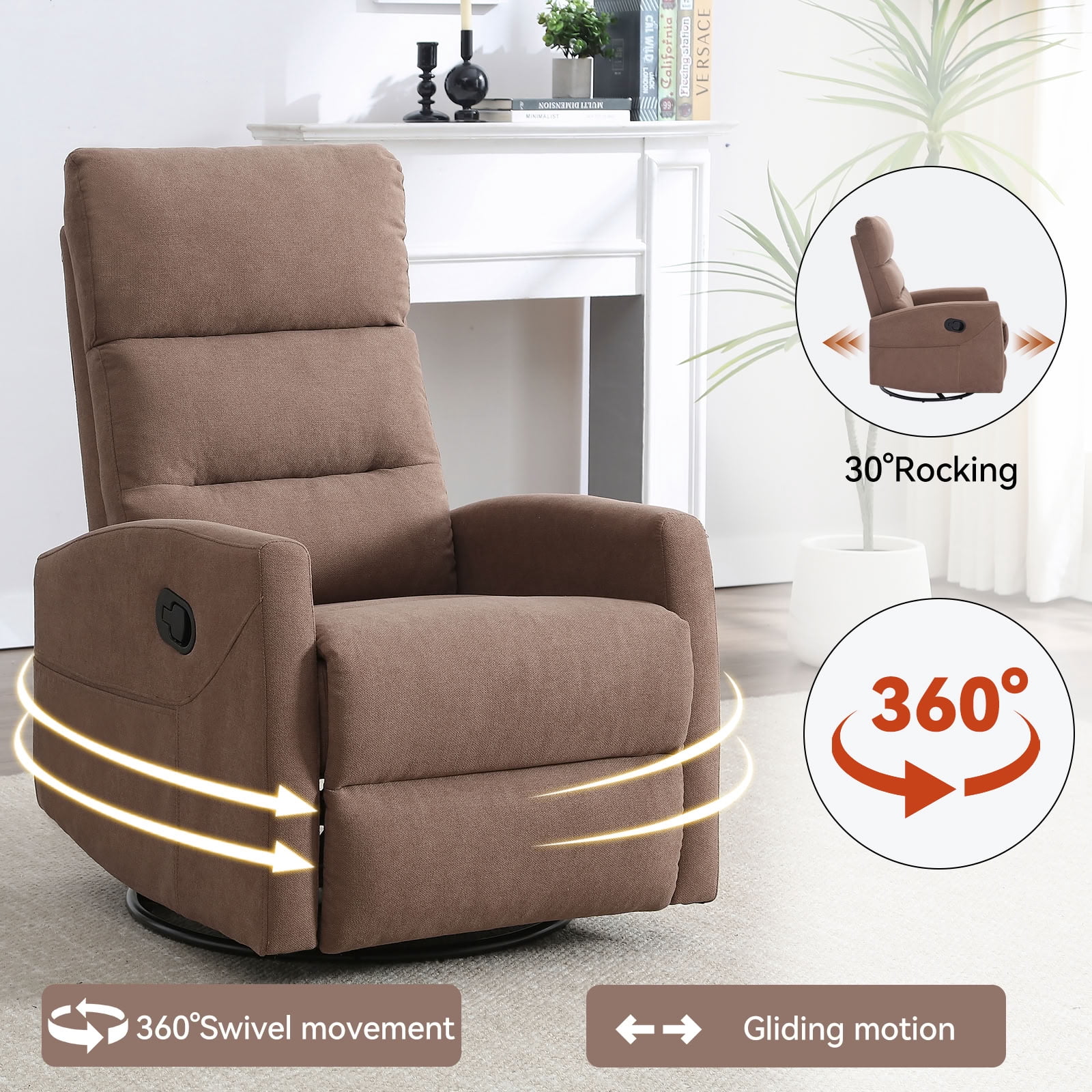 MAYEERTY 360 Degree Swivel Rocker Recliner Chair, Manual 155° Recline Glider Armchair, for Living Room Nursery Bedroom