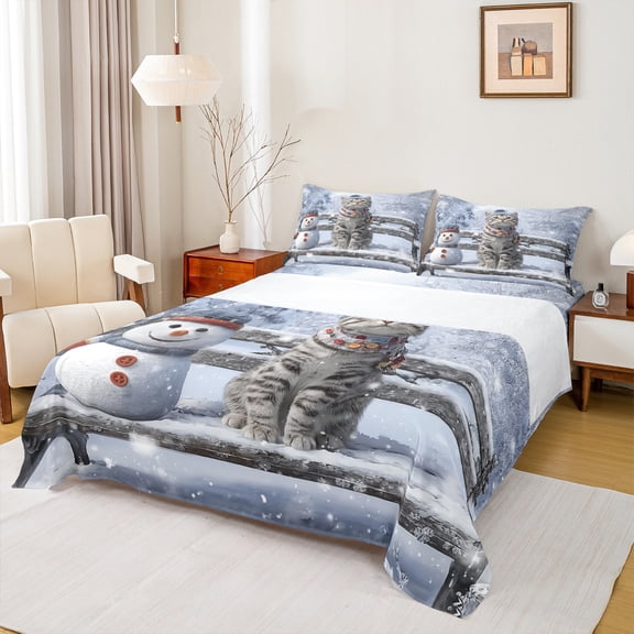 Castle Fairy Cartoon Animal Cat 3Pcs Twin Sheet Sets for Kids Children Boys Girls,Happy Christmas Snowman Twin Fitted Sheet,Happy New Year Breathable Flat Sheet,Breathable Home Decor