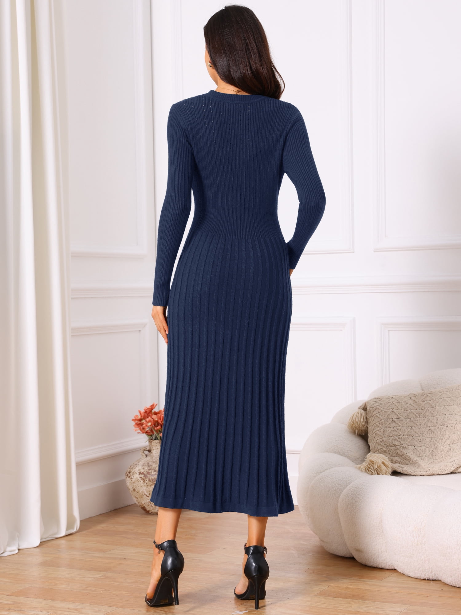 DARING DIVA Women's Long Sleeve Sweater Fall Crewneck Ribbed Knit Dress S Dark Blue