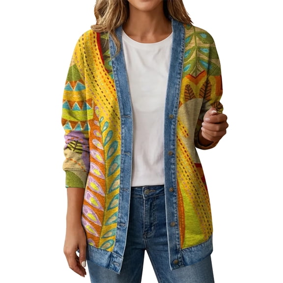Vintage Denim Cardigans for Women Button Down Open Front Jackets Ladies Ethnic Print Colourful Long Sleeve Lightweight Cardigan Trendy Casual Loose Outfits Holiday Oversized Jacket