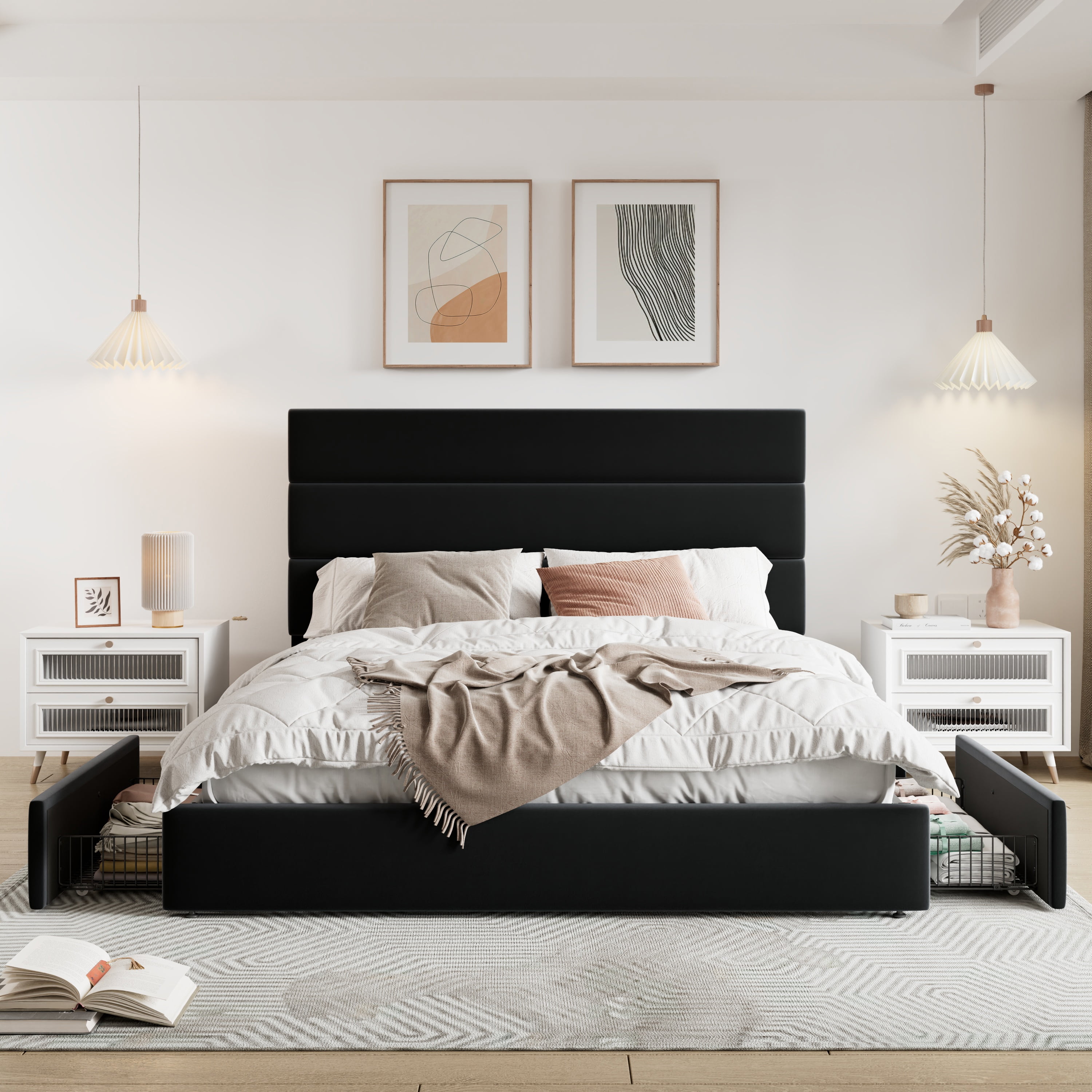 Allewie Modern Queen Size Platform Bed Frame with 4 Storage Drawers and Velvet Upholstered Headboard, Wooden Slats Support, Black