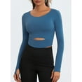 thumbnail image 2 of Arvbitana Women's Cropped Workout Tops Solid Color Cutout Slim Pullovers Crew Neck Thumb Hole Long Sleeve Yoga Athletic Shirts for Gym Sport Activewear, 2 of 6