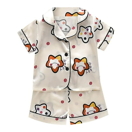 

Toddler Kids Baby Boys Girls Satin Cartoon Button Down Short Sleeve Shirt Tops + Shorts Pants Silk Pajamas Sleepwear Outfits Loungewear Set Personalized Bathrobes for Kids
