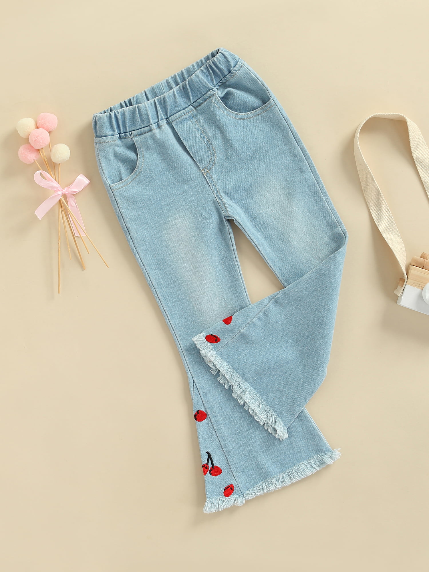 Kmbangi Little Girl's Denim Pants Cherry Embroidered Elastic