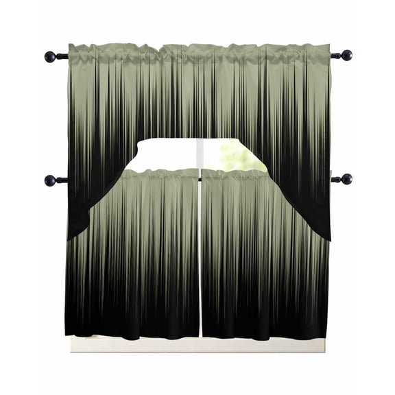 Sage Green Black Ombre Swag Kitchen Curtains Sets for Windows 24 Inch Length, Modern Abstract Striped Gradient Short Window Curtain Panels Swags Valances and Tiers 3 Piece Set for Cafe/Dining Room