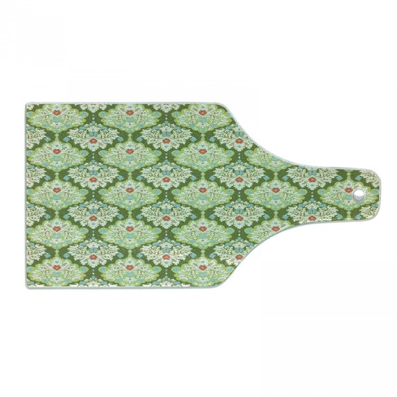 Shabby Flora Cutting Board, Victorian Style Baroque Florals Rococo Inspired Flourish Design Art, Decorative Tempered Glass Cutting and Serving Board, Wine Bottle Shape, Green Mint, by Ambesonne