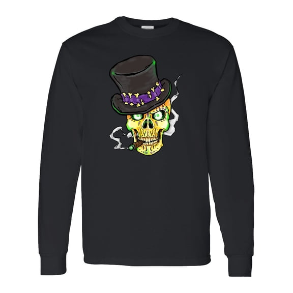 Inktastic Mardi Gras Skull with Cigar Long Sleeve T-Shirt