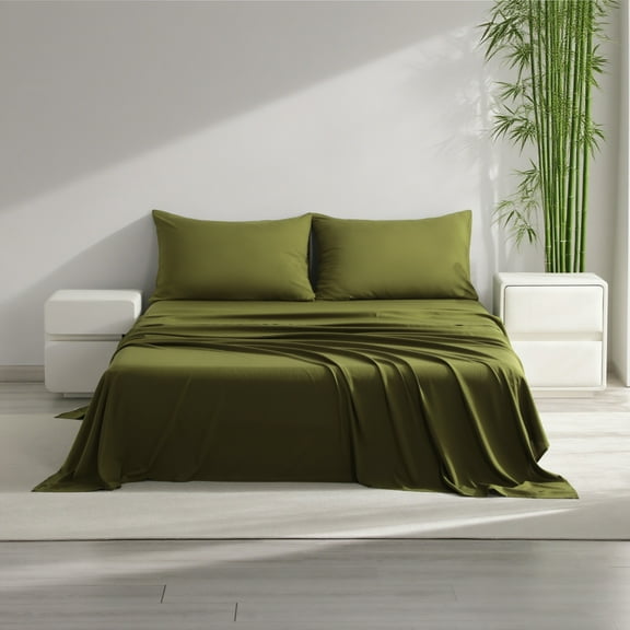 Ntbay 4-Pieces Queen Size Bamboo Bed Sheets Set, Ultra Breathable & Cooling Bedding Set with 1 Deep Pocket Fitted Sheet & 1 Flat Sheet & 2 Envelope Pillowcases, Army Green