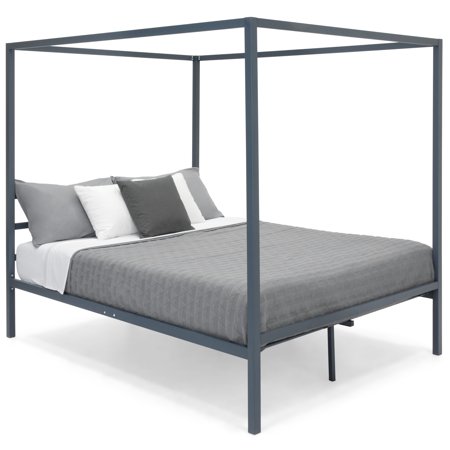 Best Choice Products Industrial 4 Corner Post Steel Canopy Queen Platform Bed Frame with Headboard, Metal Slats, (Best Cafe Racer Platform)