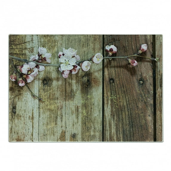 Rustic Cutting Board, Stained Walnut Branch with Soft Twiggy Swirling Flowers Leaves Cottage Life Concept, Decorative Tempered Glass Cutting and Serving Board, Small Size, Pink Brown, by Ambesonne