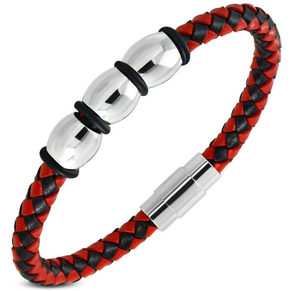 Stainless Steel Silver-Tone Red Black Leather Braided Wristband Bracelet, 8"