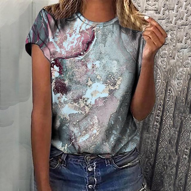T-Shirts pour Femmes, Mode Femmes Nouveau Style T-Shirts Imprimés Manches Courtes Col Rond Blouses Été Décontracté Hauts pour Dames