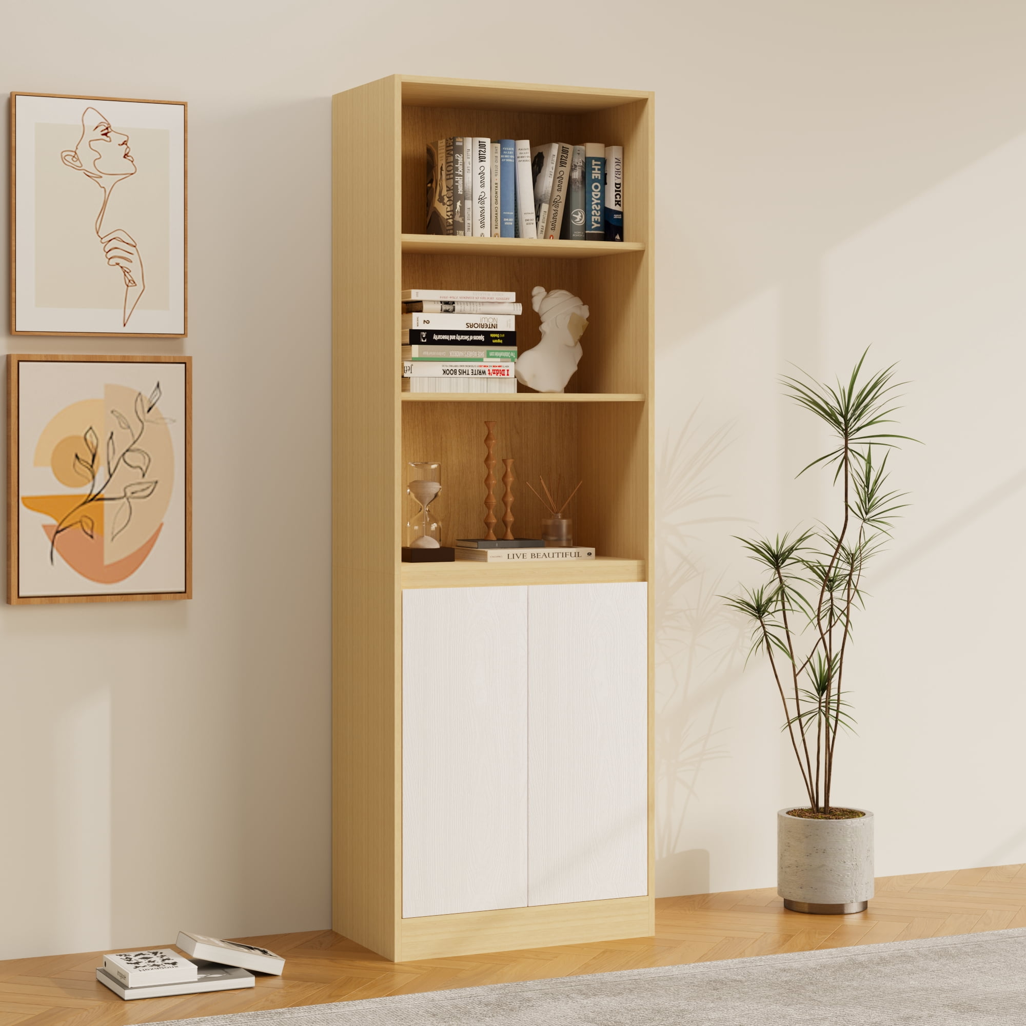 RichYa 71"H Tall Entryway Bookcase with Doors,Storage Cabinet with Open Shelf,3 Tier Bookshelf for Living Room,Entryway,Wood