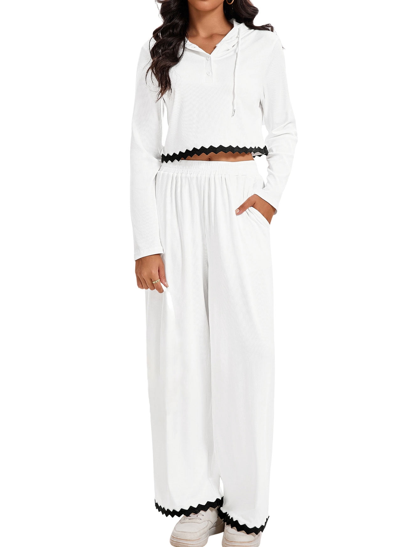 Unique Bargains Two Pieces Sets Hoodie Top Wide Leg Pants Tracksuit S White Black