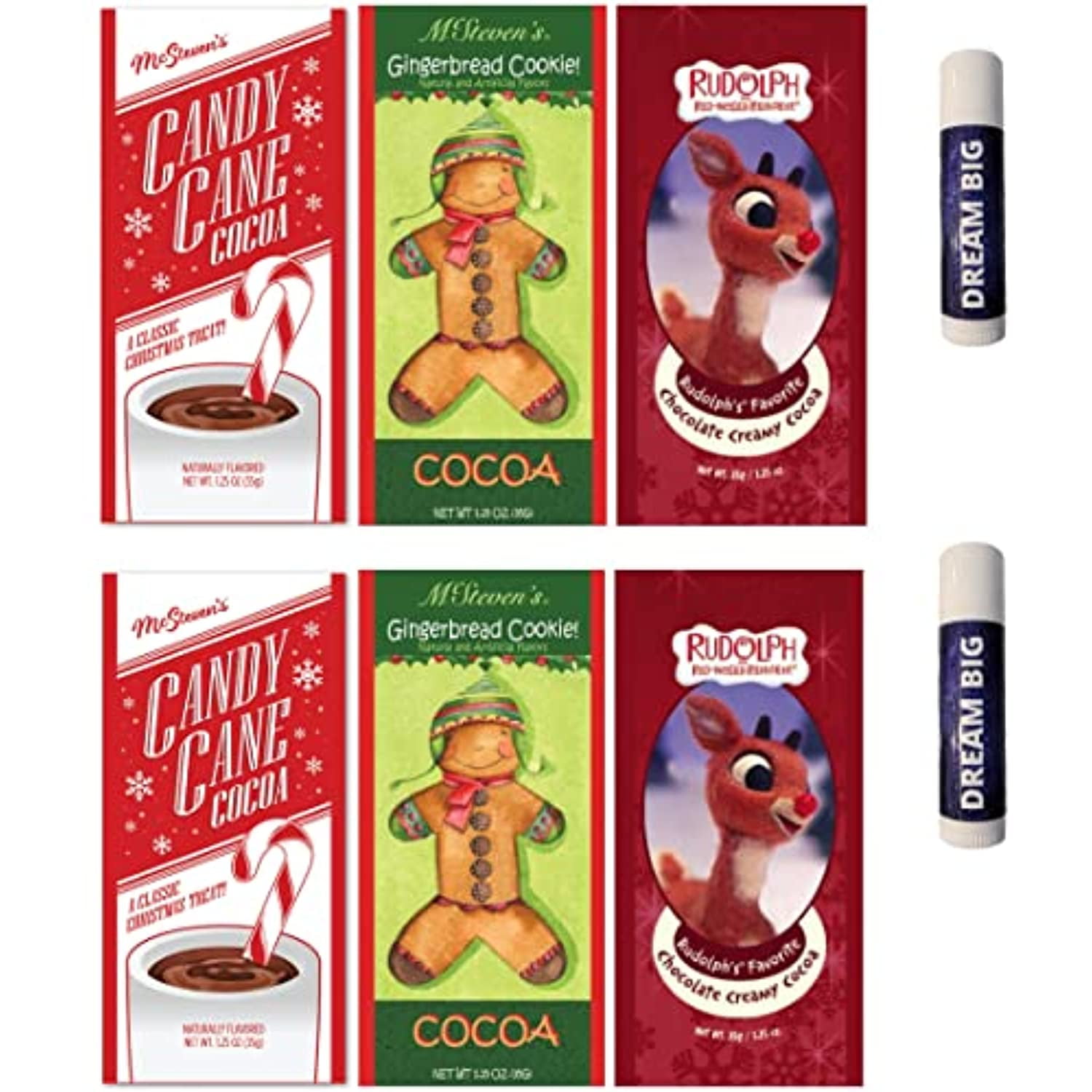 Candy Cane, Gingerbread And Rudolph The Red Nosed Reindeer Hot Chocolate Cocoa Stocking Stuffers With 2 Organic Lip Balms