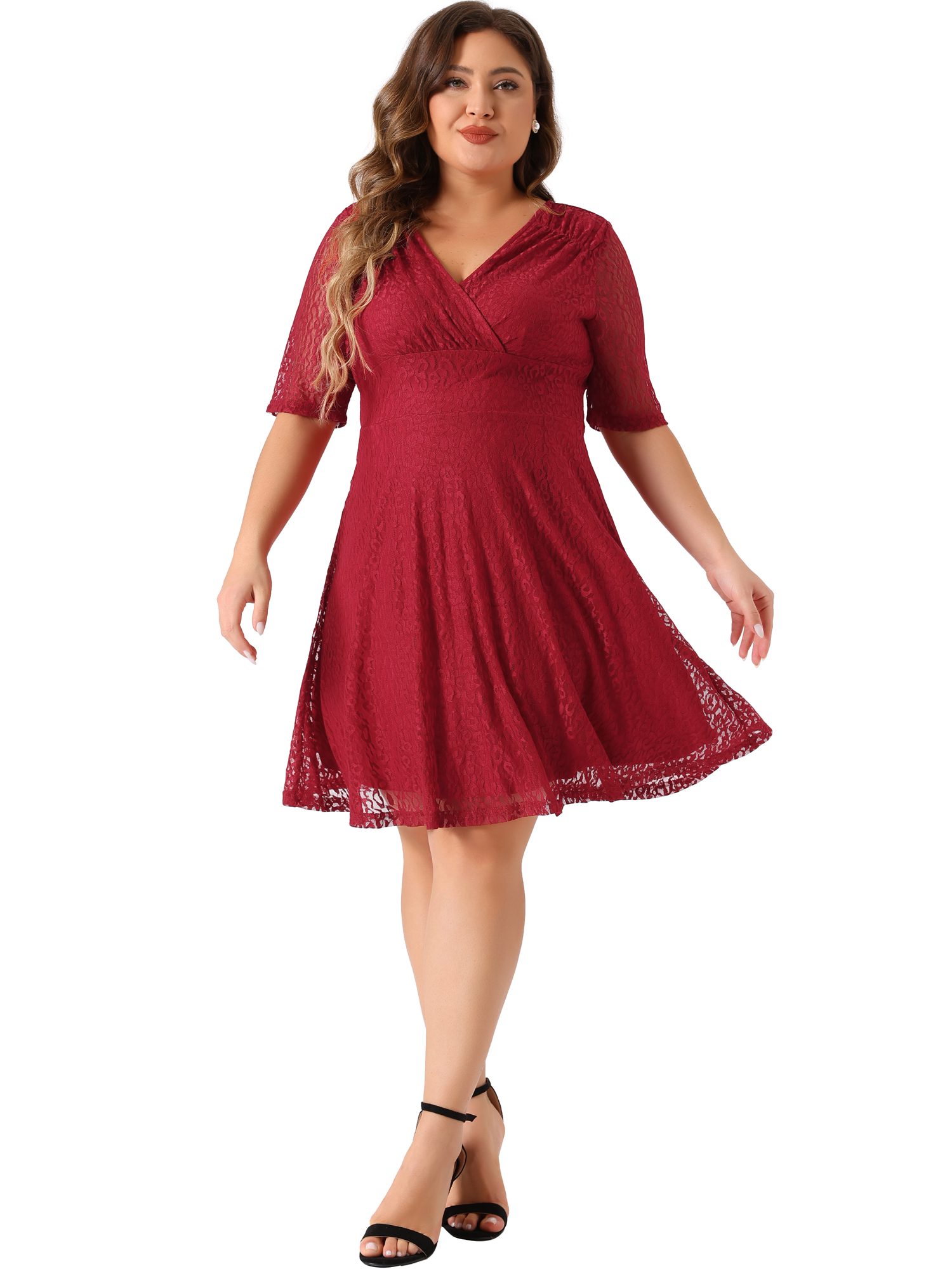 DARING DIVA V Neck Swing A-Line Cocktail Wedding Midi Lace Dress 1X Red
